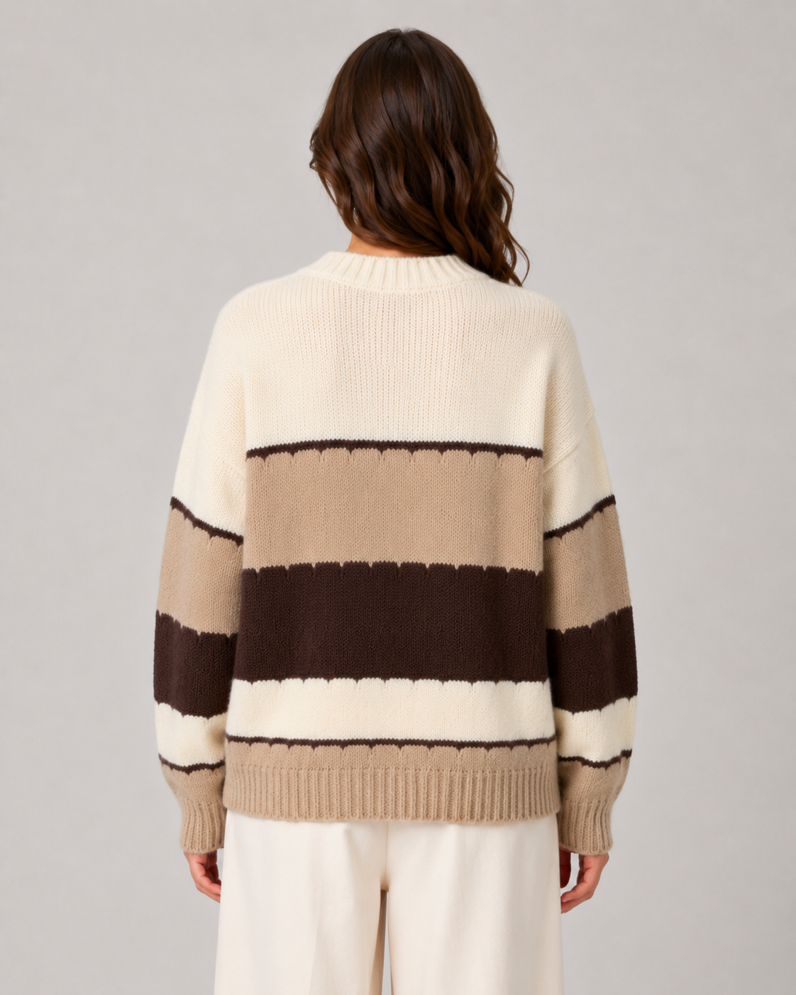 Women's Striped Colour Block Knit Sweater - Crew Neck Relaxed Fit