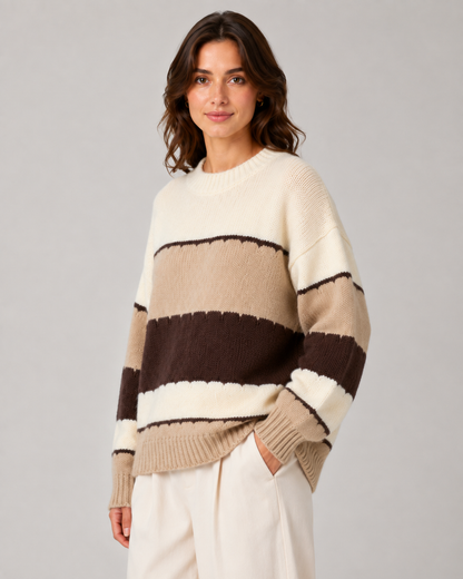 Women's Striped Colour Block Knit Sweater - Crew Neck Relaxed Fit