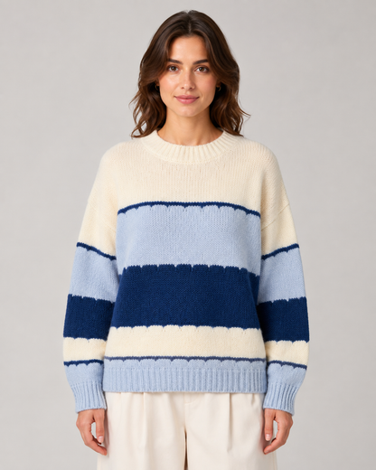 Women's Striped Colour Block Knit Sweater - Crew Neck Relaxed Fit