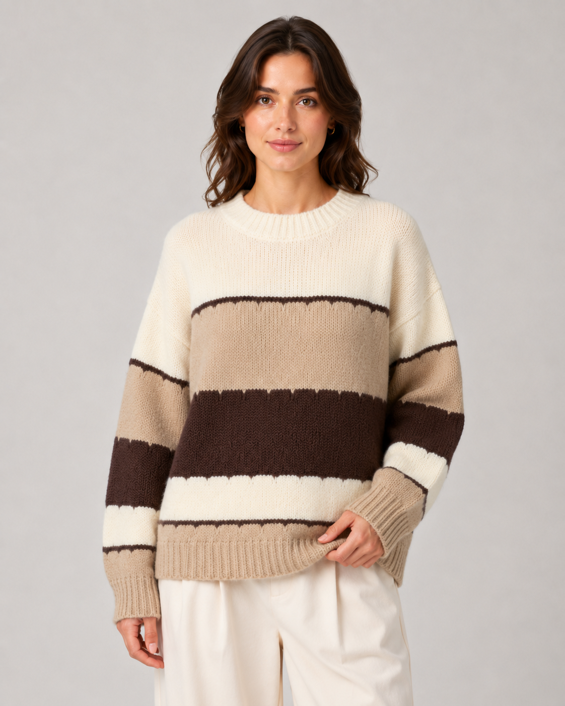 Women's Striped Colour Block Knit Sweater - Crew Neck Relaxed Fit