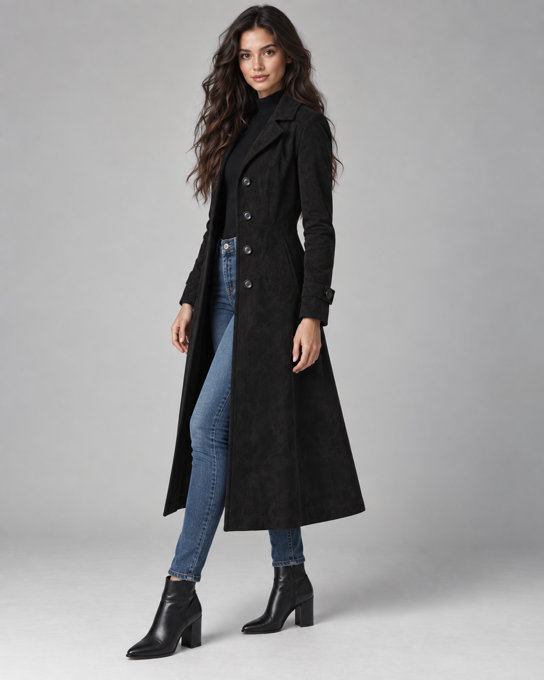 Women's Suede Long Coat – Notched Lapel Button Front Tailored Fit
