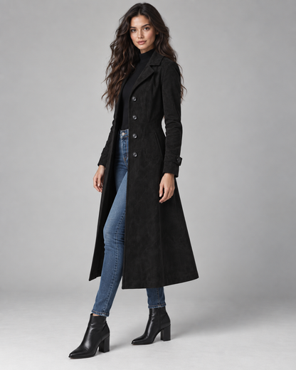 Women's Suede Long Coat – Notched Lapel Button Front Tailored Fit
