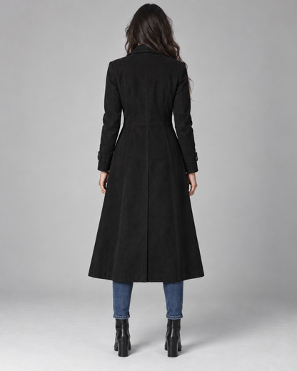 Women's Suede Long Coat – Notched Lapel Button Front Tailored Fit