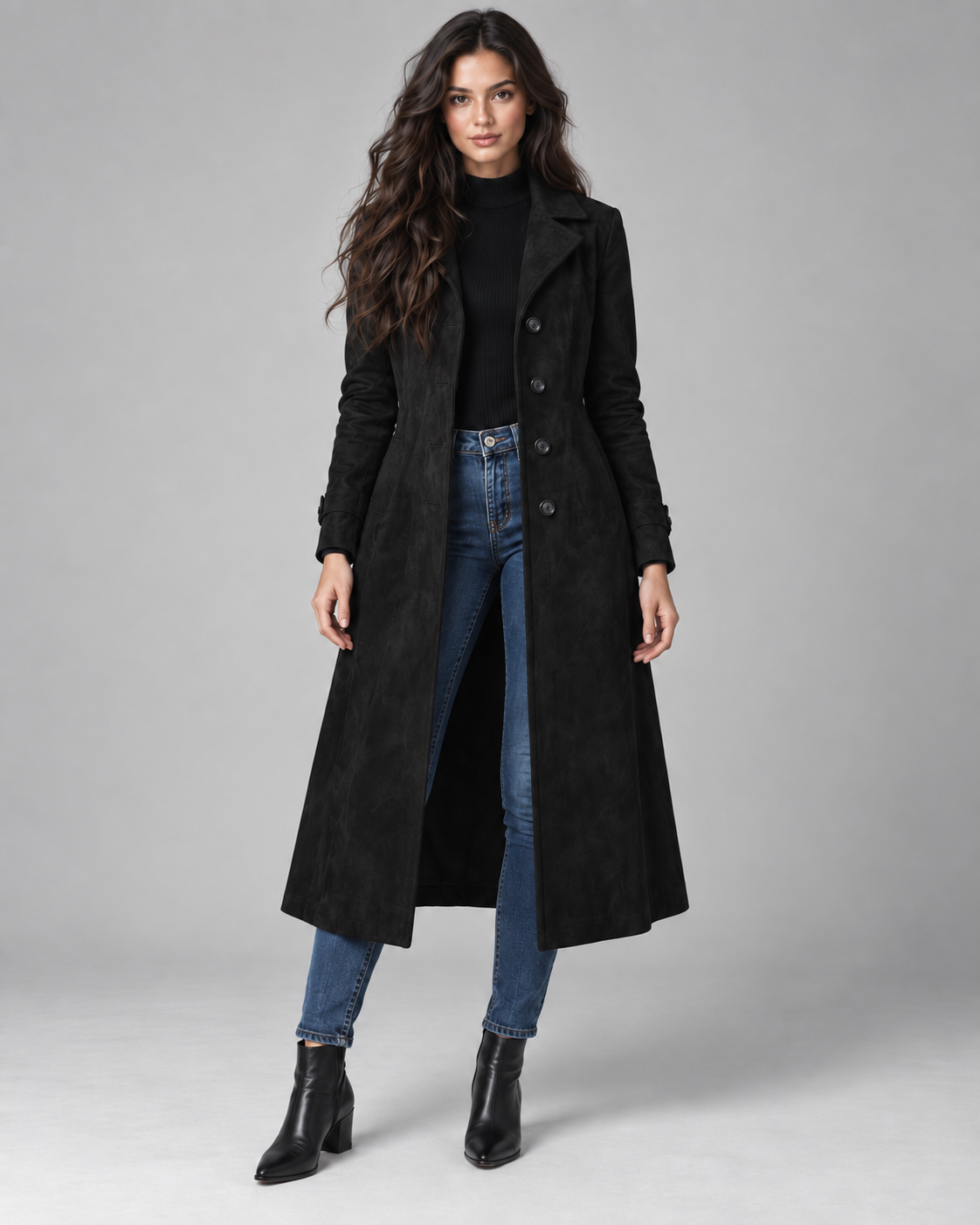 Women's Suede Long Coat – Notched Lapel Button Front Tailored Fit