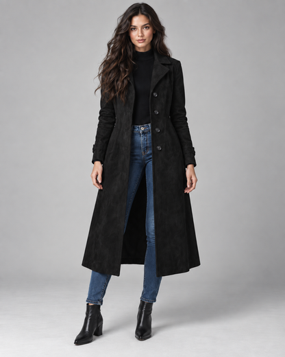 Women's Suede Long Coat – Notched Lapel Button Front Tailored Fit