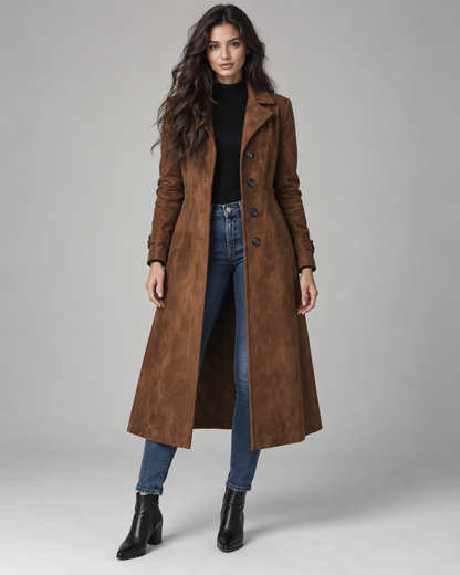 Women's Suede Long Coat – Notched Lapel Button Front Tailored Fit