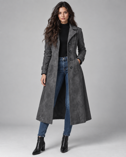 Women's Suede Long Coat – Notched Lapel Button Front Tailored Fit